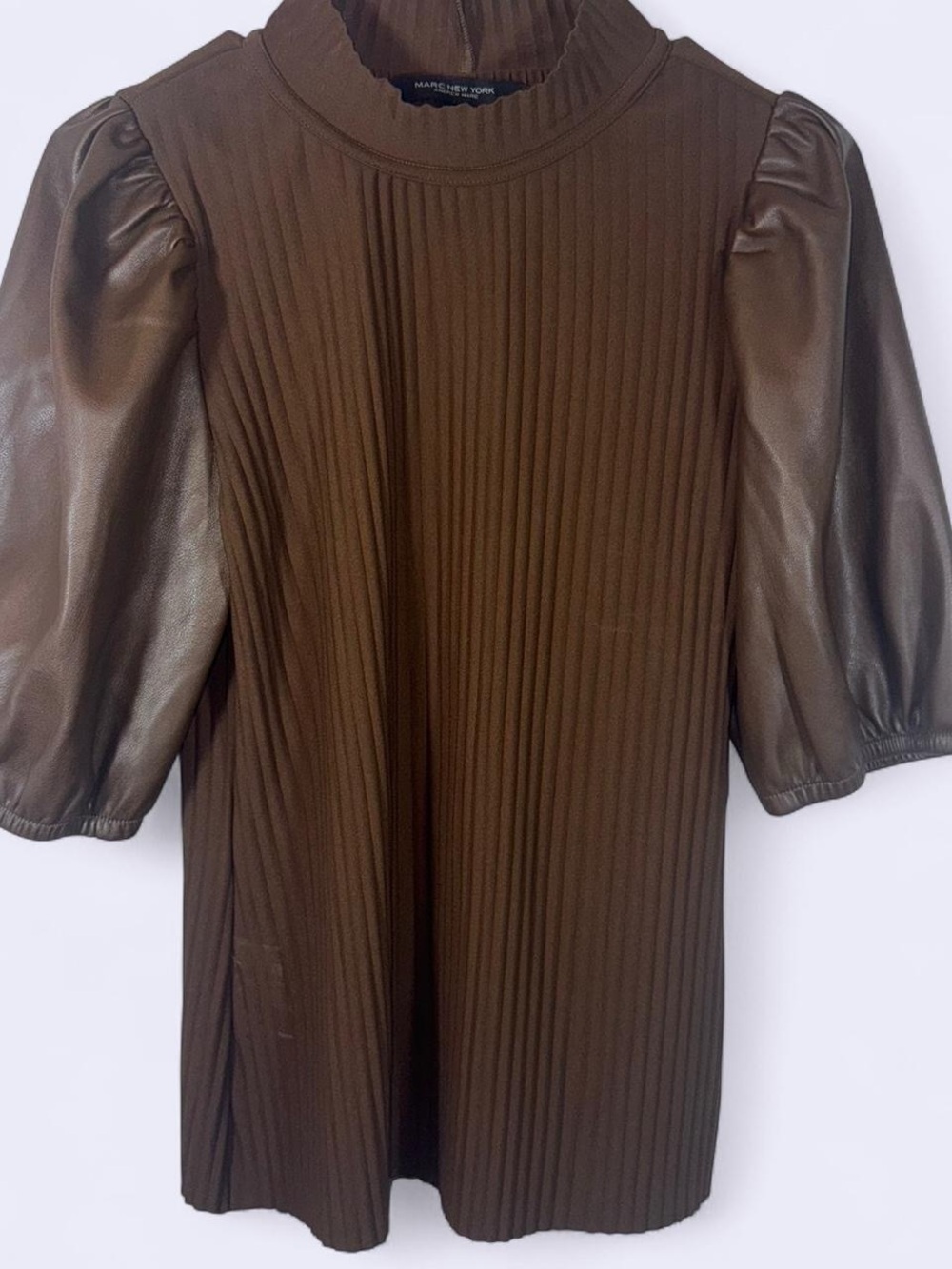 MARC New York Andrew Marc Ribbed Knit Top Faux Leather Puff Sleeve Brown Small